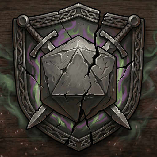 Tavernworth Tales crest: a cracked d20 over crossed swords on a rune-etched shield